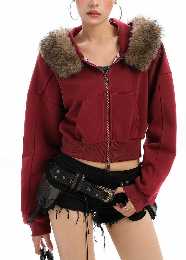 Plus Size Red Zip Up Patchwork Faux Fur Hooded Coat Winter