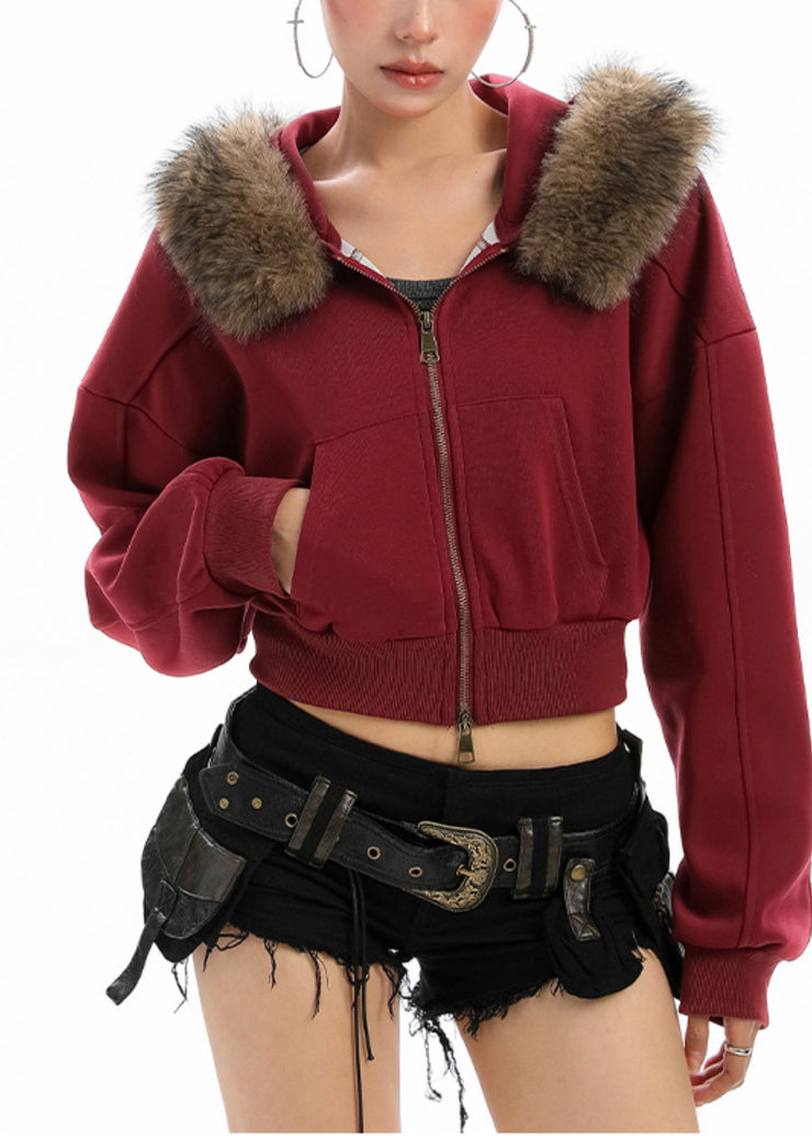 Plus Size Red Zip Up Patchwork Faux Fur Hooded Coat Winter