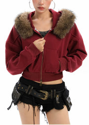 Plus Size Red Zip Up Patchwork Faux Fur Hooded Coat Winter