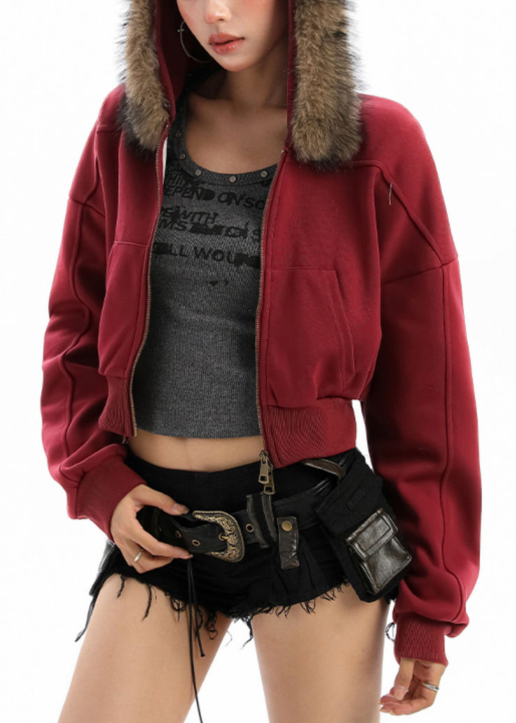 Plus Size Red Zip Up Patchwork Faux Fur Hooded Coat Winter