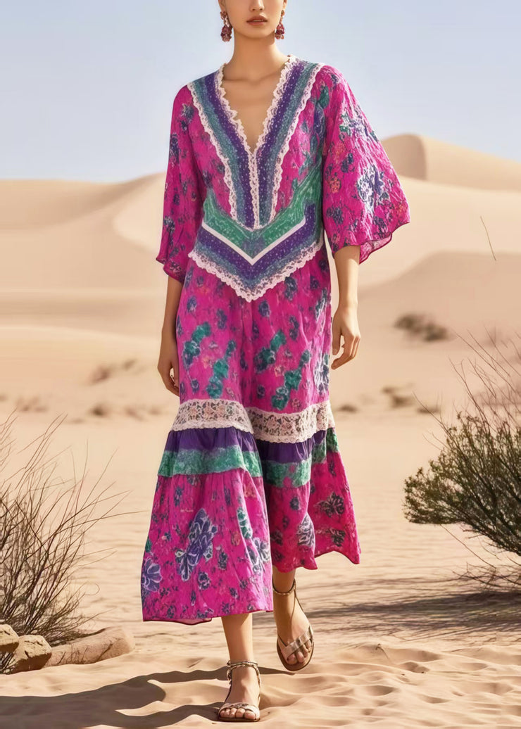 Plus Size Rose Print Patchwork Cotton Vacation Dresses Summer