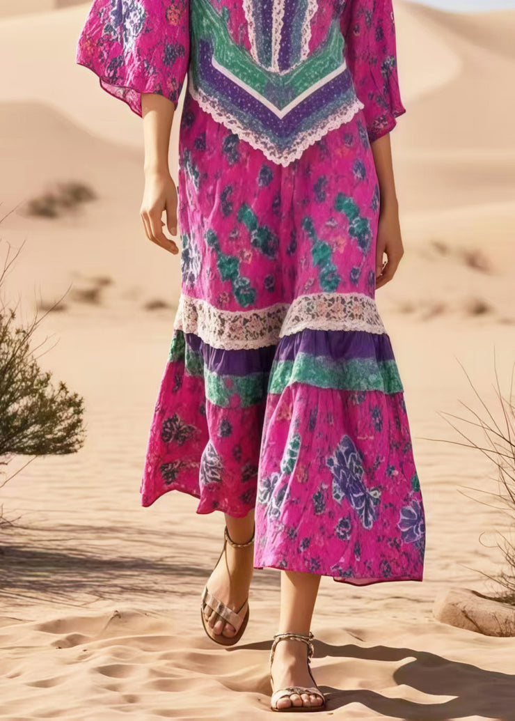 Plus Size Rose Print Patchwork Cotton Vacation Dresses Summer