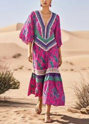 Plus Size Rose Print Patchwork Cotton Vacation Dresses Summer