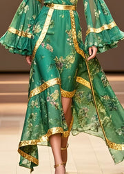 Plus Size Tea Green Cold Shoulder Print Chiffon Ankle Dress Flare Sleeve