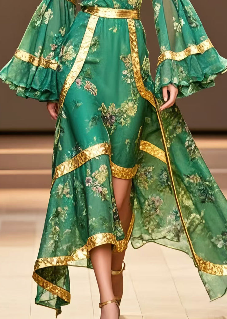 Plus Size Tea Green Cold Shoulder Print Chiffon Ankle Dress Flare Sleeve