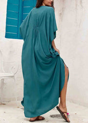 Plus Size Tea Green Oversized Cotton Dress Batwing Sleeve