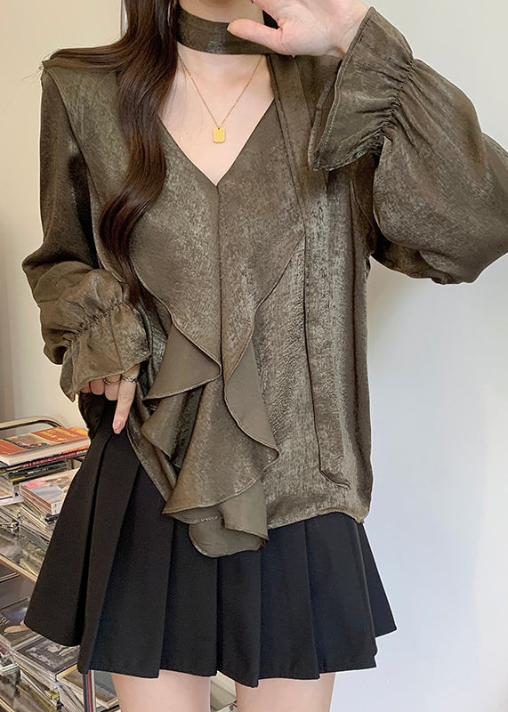 Plus Size Tea Green V Neck Ruffles Chiffon Tops Fall