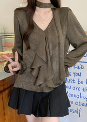Plus Size Tea Green V Neck Ruffles Chiffon Tops Fall