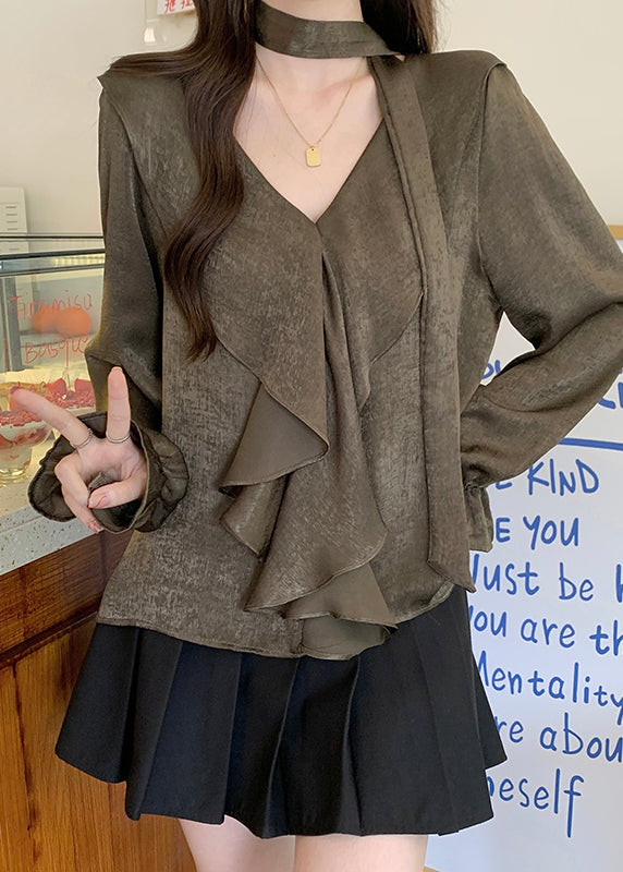 Plus Size Tea Green V Neck Ruffles Chiffon Tops Fall