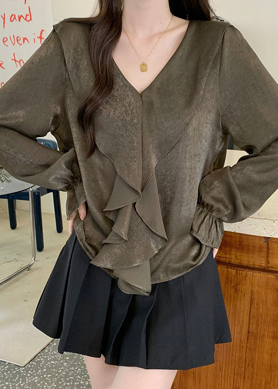 Plus Size Tea Green V Neck Ruffles Chiffon Tops Fall
