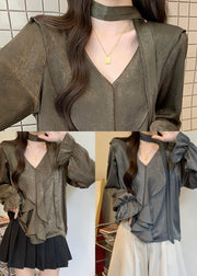 Plus Size Tea Green V Neck Ruffles Chiffon Tops Fall