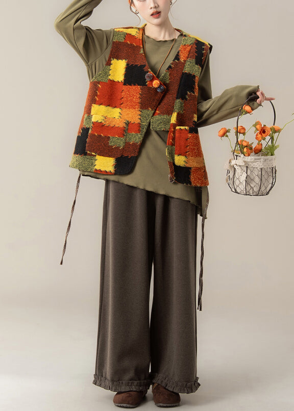 Plus Size V Neck Patchwork Waistcoat ,Top And Pants Three Pieces Set Fall