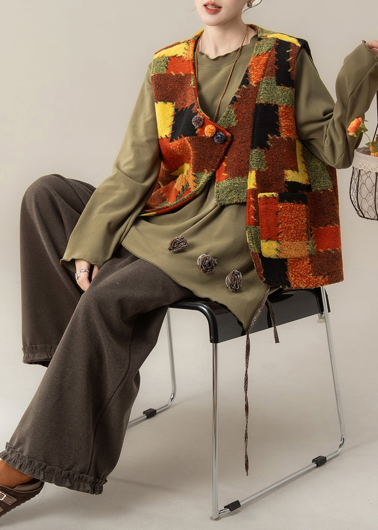 Plus Size V Neck Patchwork Waistcoat ,Top And Pants Three Pieces Set Fall