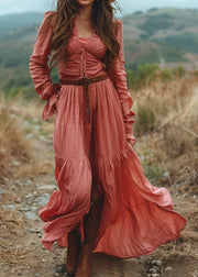 Plus Size V Neck Ruffled Patchwork Cotton Long Dress Spring