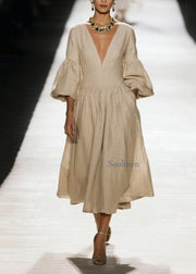 Plus Size V Neck Wrinkled Patchwork Cotton Dress Fall