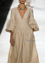 Plus Size V Neck Wrinkled Patchwork Cotton Dress Fall