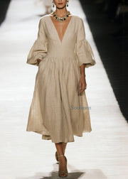 Plus Size V Neck Wrinkled Patchwork Cotton Dress Fall