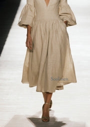 Plus Size V Neck Wrinkled Patchwork Cotton Dress Fall