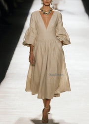 Plus Size V Neck Wrinkled Patchwork Cotton Dress Fall