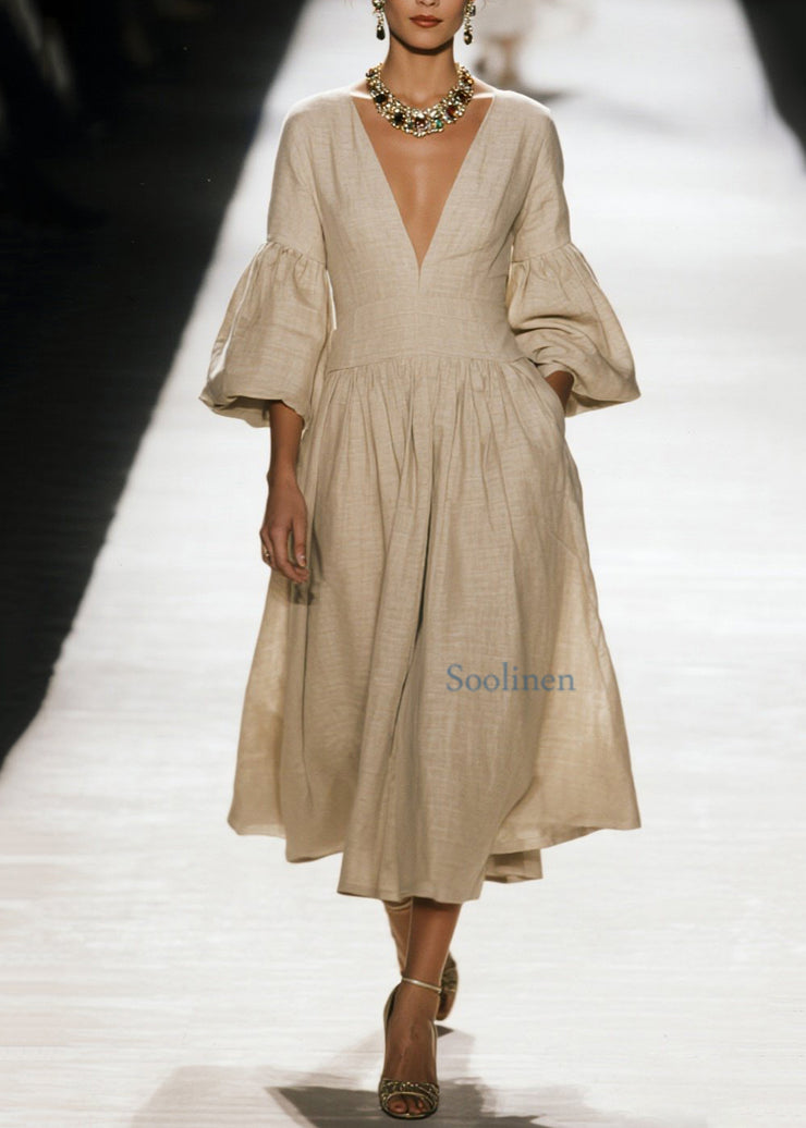 Plus Size V Neck Wrinkled Patchwork Cotton Dress Fall