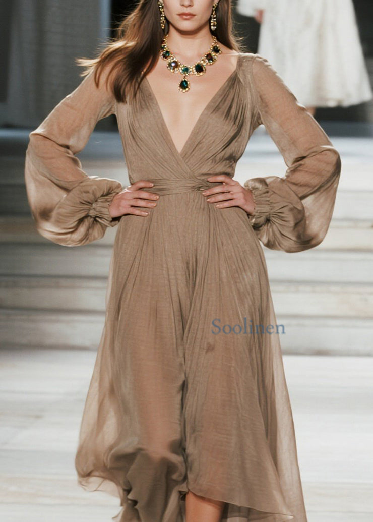 Plus Size V Neck Wrinkled Patchwork Cotton Maxi Dresses Fall