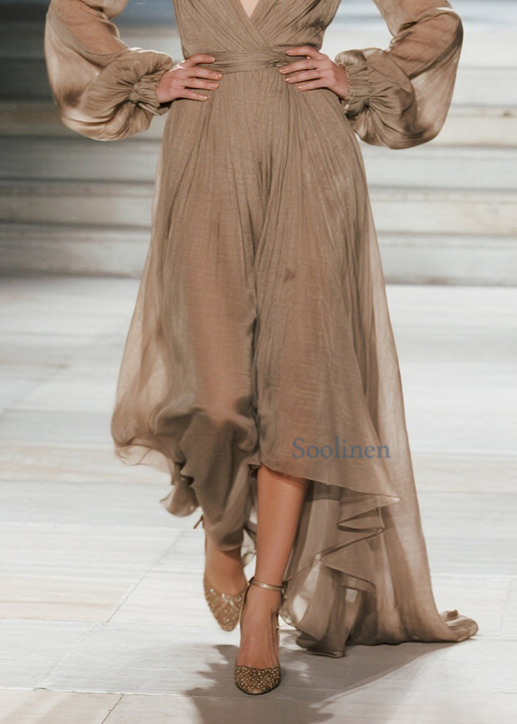 Plus Size V Neck Wrinkled Patchwork Cotton Maxi Dresses Fall