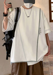 Plus Size White Asymmetrical Letter Cotton T Shirts Men Half Sleeve