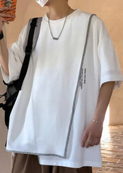 Plus Size White Asymmetrical Letter Cotton T Shirts Men Half Sleeve
