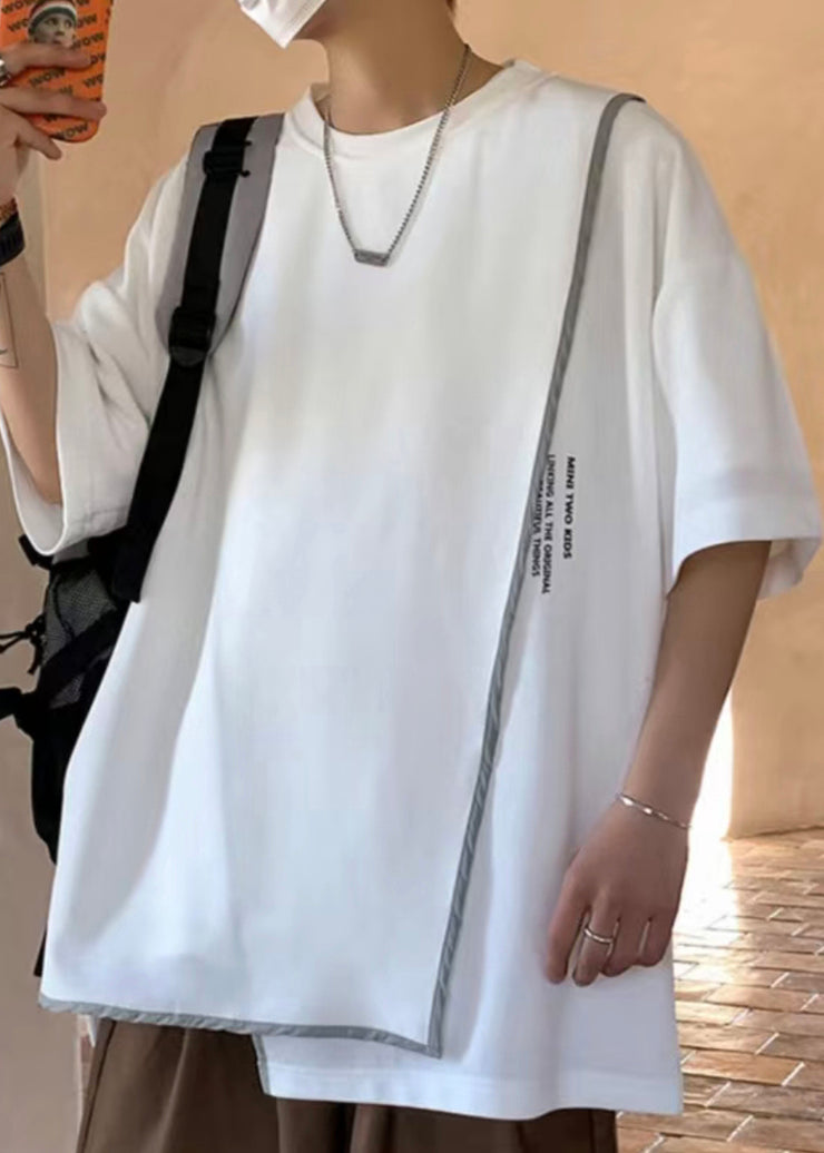 Plus Size White Asymmetrical Letter Cotton T Shirts Men Half Sleeve