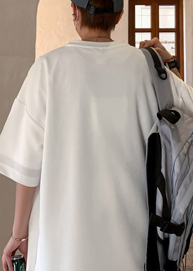 Plus Size White Asymmetrical Letter Cotton T Shirts Men Half Sleeve