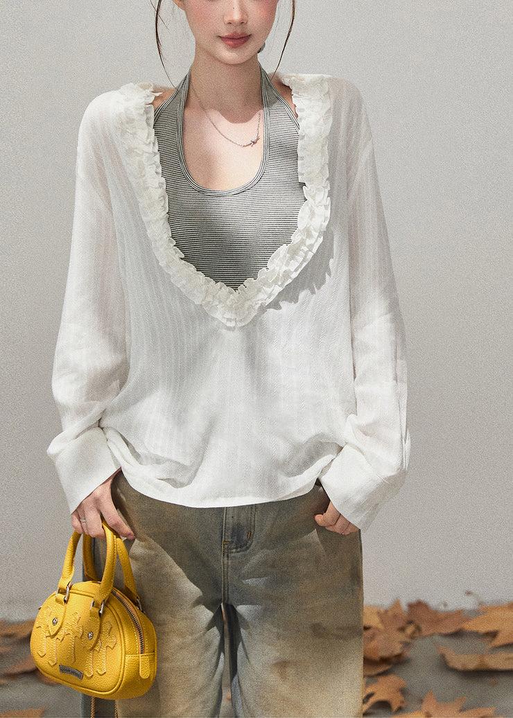 Plus Size White Deep V-Neck Ruffled Cotton Shirt Fall