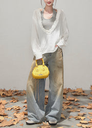 Plus Size White Deep V-Neck Ruffled Cotton Shirt Fall