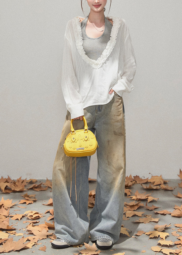 Plus Size White Deep V-Neck Ruffled Cotton Shirt Fall