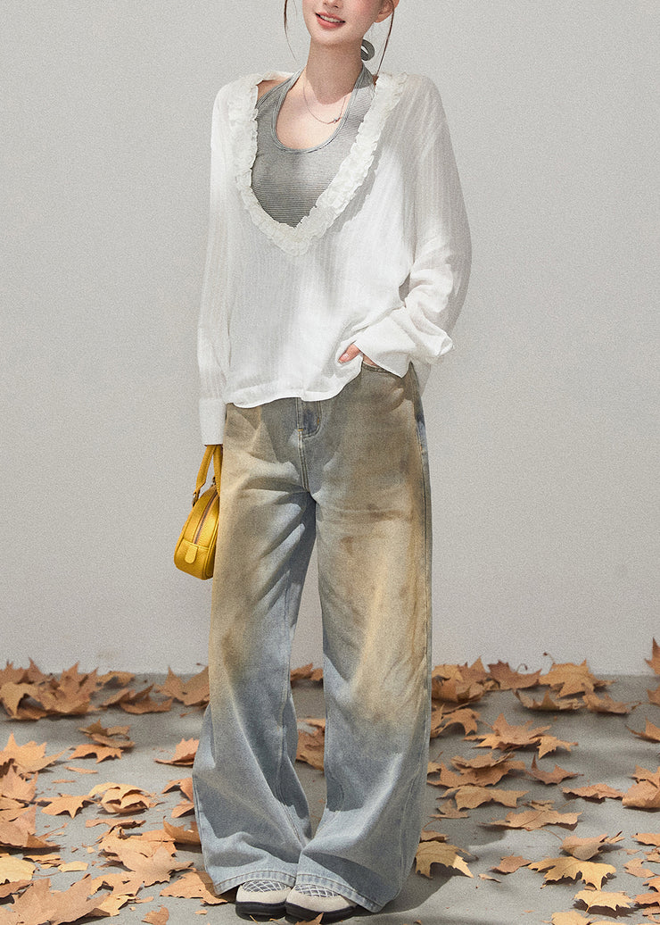 Plus Size White Deep V-Neck Ruffled Cotton Shirt Fall