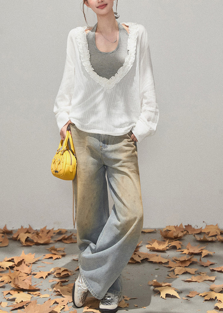 Plus Size White Deep V-Neck Ruffled Cotton Shirt Fall
