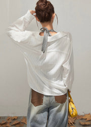 Plus Size White Deep V-Neck Ruffled Cotton Shirt Fall