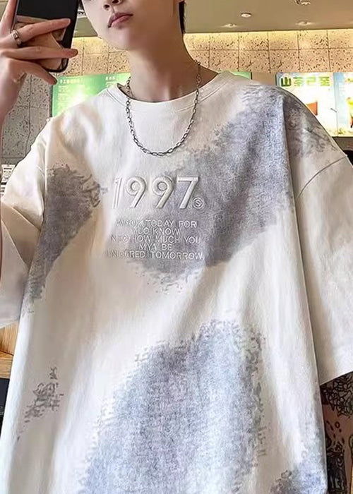 Plus Size White Embroideried Tie Dye Cotton Men T Shirts Half Sleeve