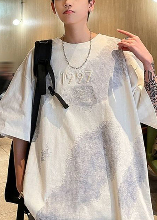 Plus Size White Embroideried Tie Dye Cotton Men T Shirts Half Sleeve