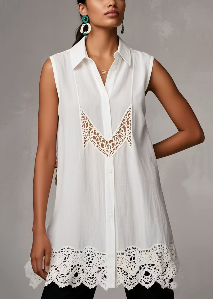 Plus Size White Hollow Out Patchwork Lace Shirts Sleeveless