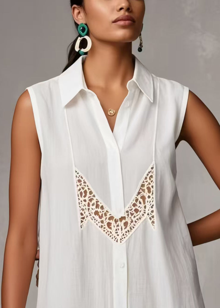 Plus Size White Hollow Out Patchwork Lace Shirts Sleeveless
