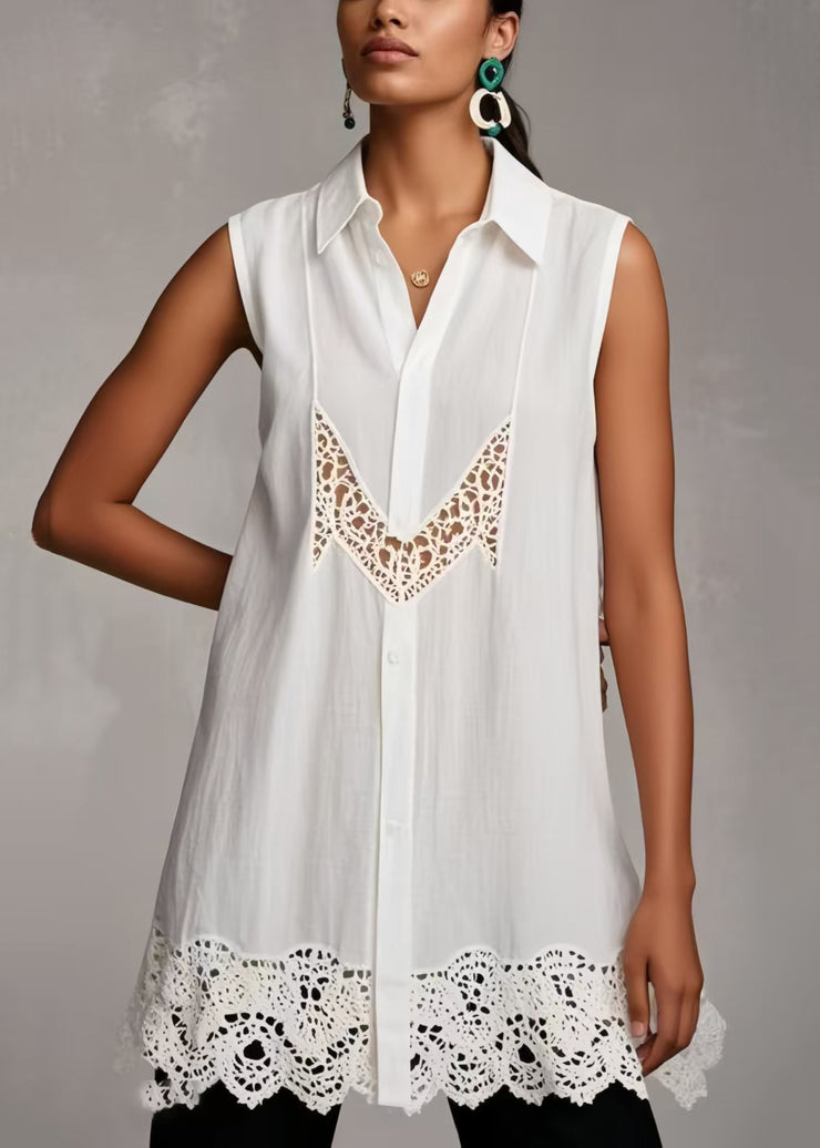 Plus Size White Hollow Out Patchwork Lace Shirts Sleeveless