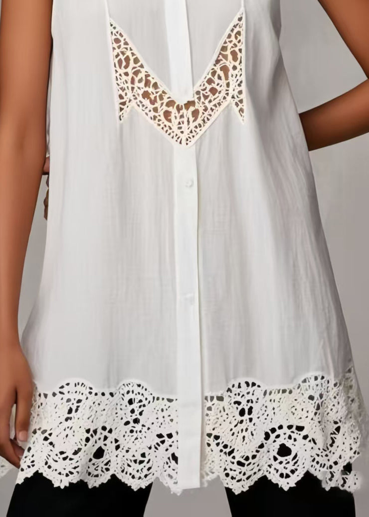 Plus Size White Hollow Out Patchwork Lace Shirts Sleeveless