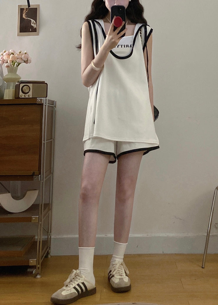 Plus Size White Hooded Cotton Three Pieces Set Summer