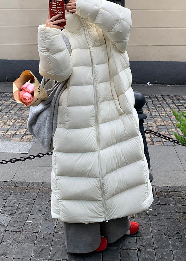 Plus Size White Hooded Zippered Pockets Duck Down Long Coat Winter