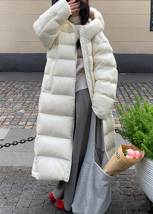 Plus Size White Hooded Zippered Pockets Duck Down Long Coat Winter