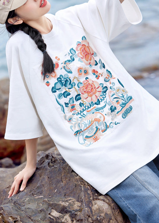 Plus Size White O-Neck Embroidered Cotton T Shirt Summer