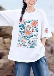 Plus Size White O-Neck Embroidered Cotton T Shirt Summer