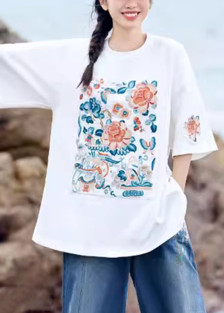 Plus Size White O-Neck Embroidered Cotton T Shirt Summer