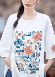 Plus Size White O-Neck Embroidered Cotton T Shirt Summer
