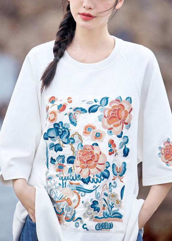 Plus Size White O-Neck Embroidered Cotton T Shirt Summer
